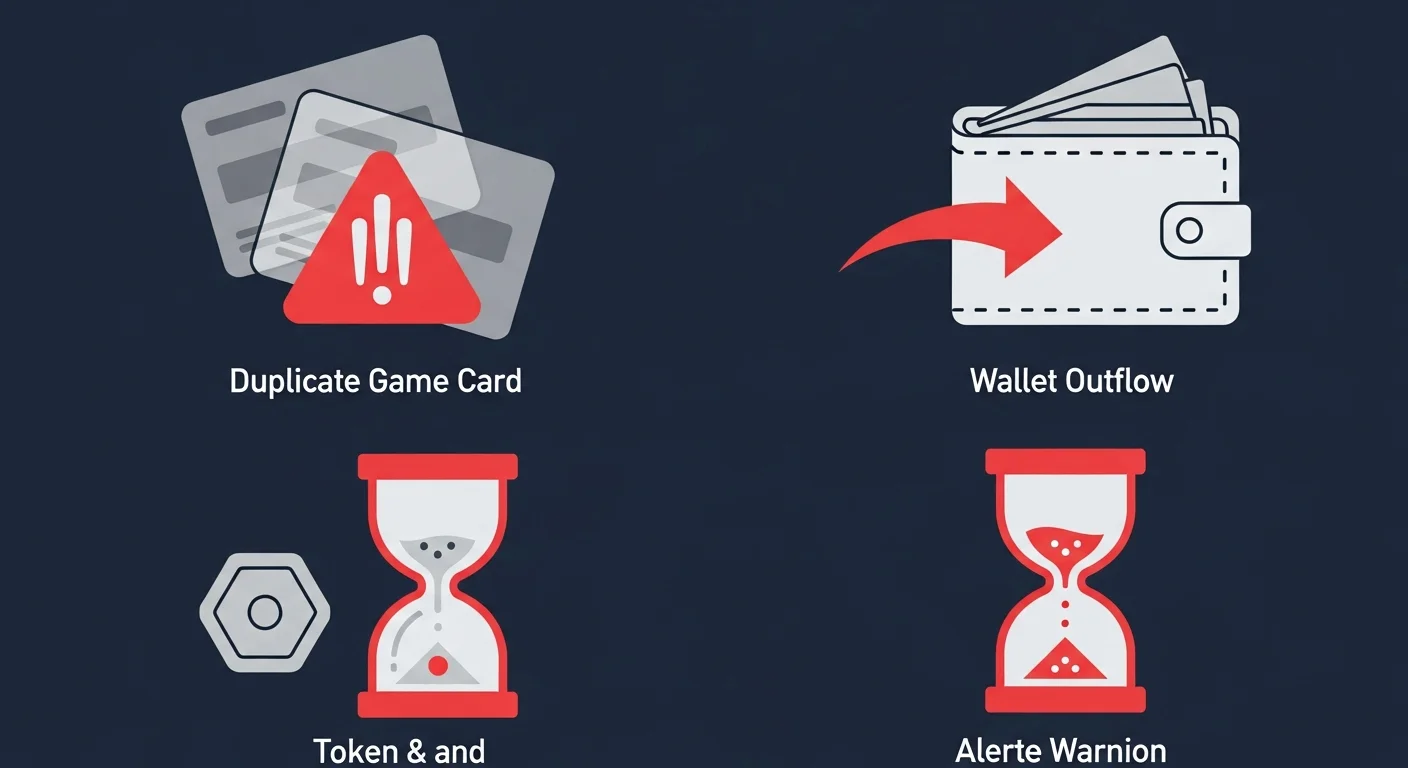 Vier-Panel-Illustration der Tap-to-Earn-Risiken: Phishing-Fake, geleerte Wallet, niedriger Airdrop, Energie-Missbrauch