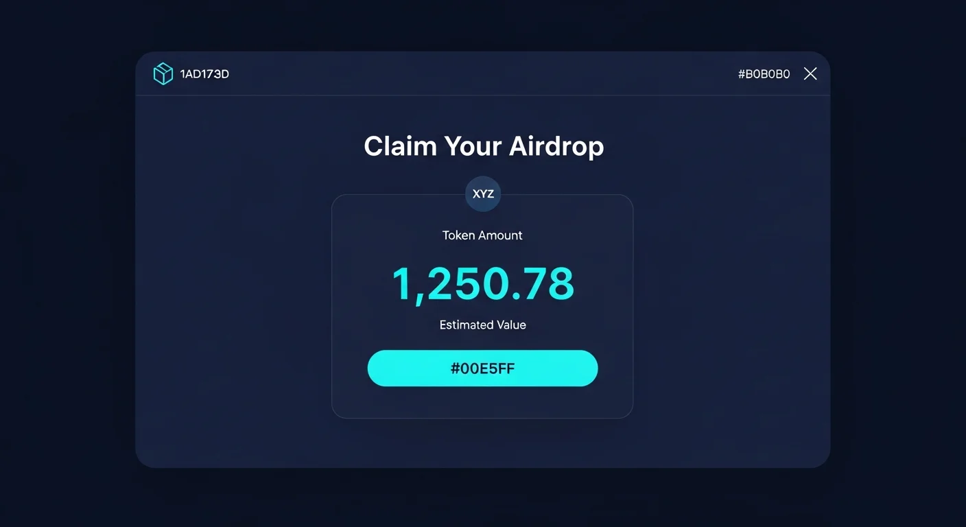 Mockup des Airdrop-Beanspruchungsbildschirms mit Token-Menge, Wallet-Verbindungsaufforderung und Beanspruchungsschaltfläche