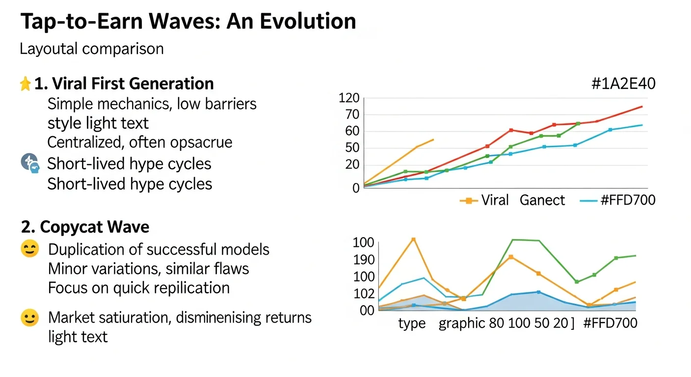 Infografik, die vier Tap-to-Earn-Wellen vergleicht: virale erste Generation, Nachahmerwelle, nachhaltige Studios, vollständig on-chain Spiele