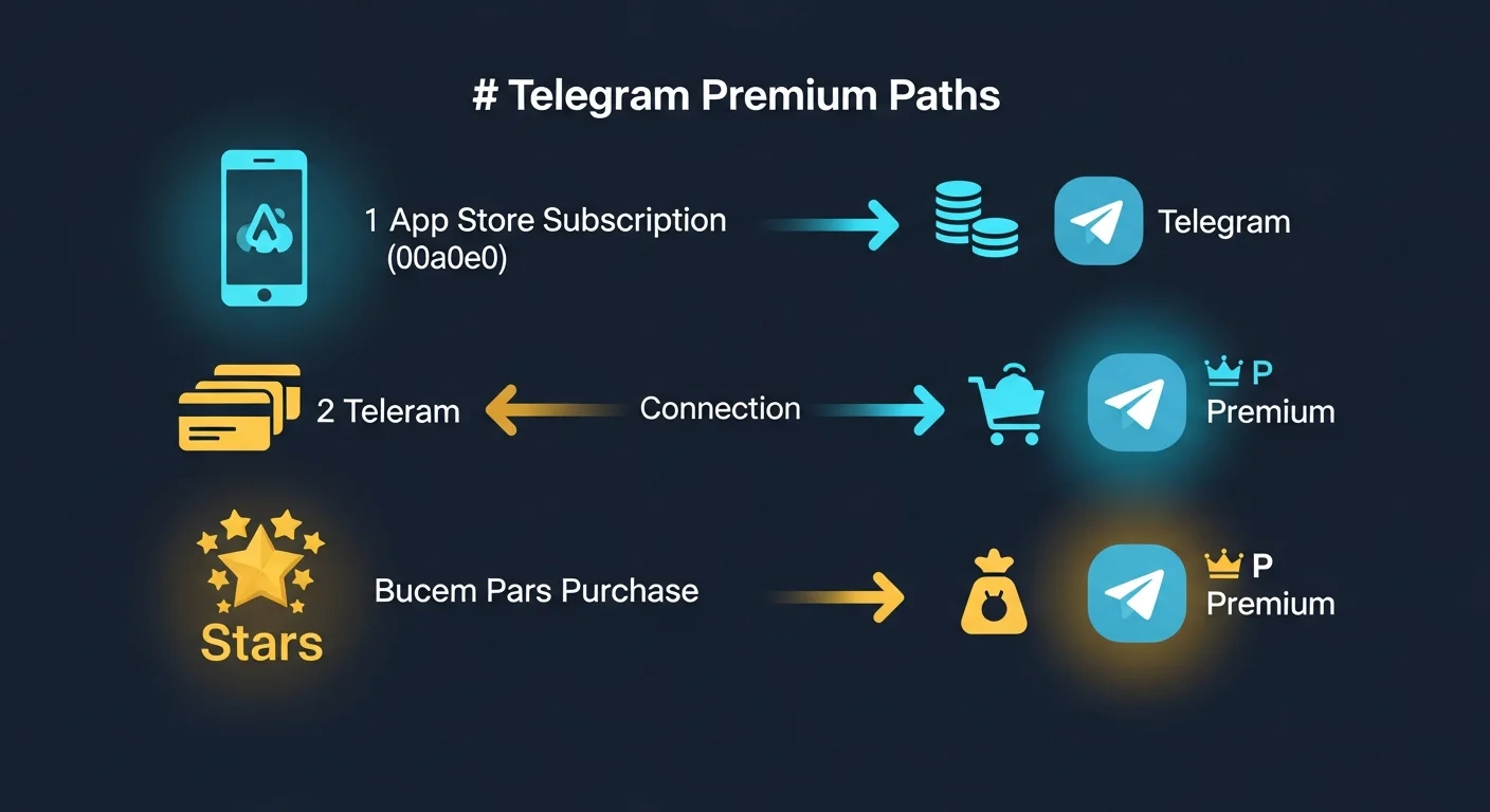 Diagrama dos três caminhos para o Telegram Premium: assinatura da loja de aplicativos, compra de Stars, presente de TON do Fragment