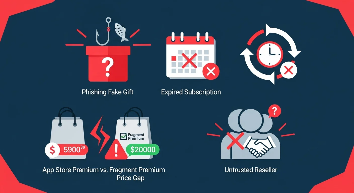 Ilustração em quatro painéis de ícones de cautela relacionados ao Premium: presente de phishing, assinatura expirada, diferença de preço, revendedor não confiável