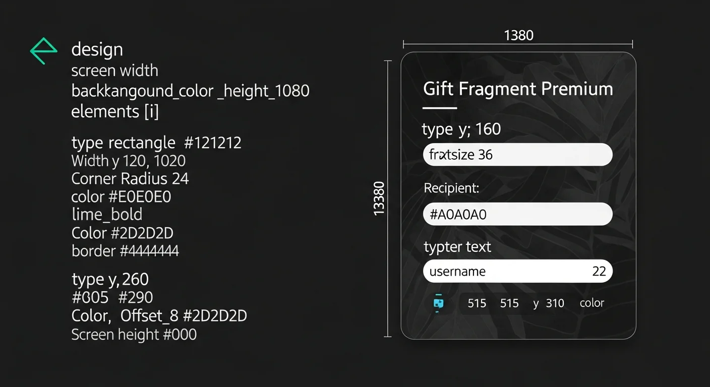 Mockup de presente de Premium do Fragment com nome de usuário alvo, seletor de duração, preço em TON e botão de confirmação
