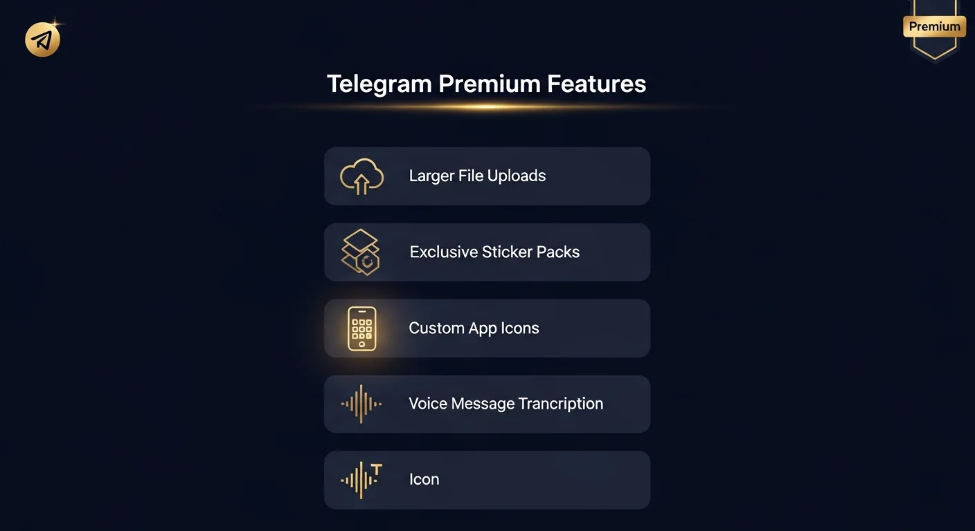 Lista de recursos do Telegram Premium com ícones abstratos para tamanho de upload, pacote de adesivos, ícones de aplicativos, voz para texto, perfil