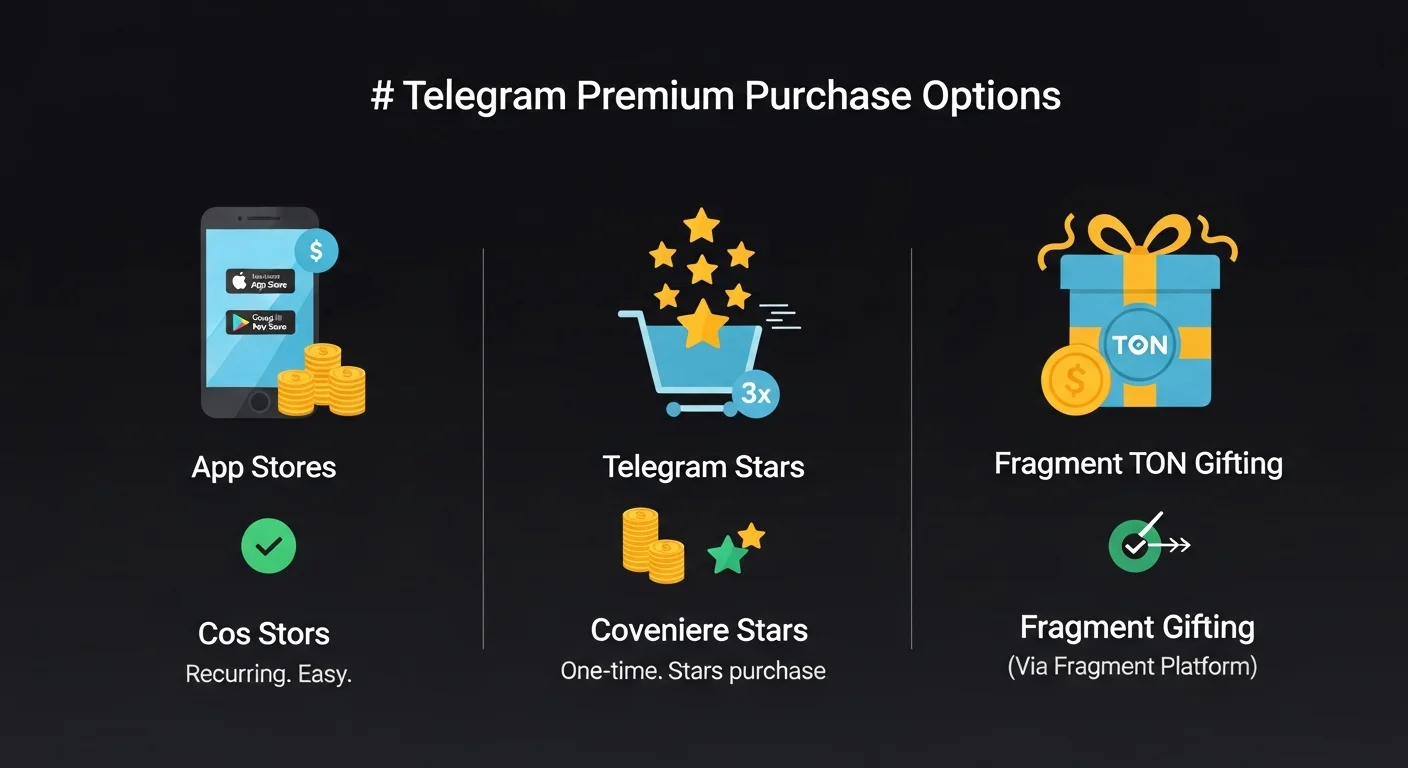 Infográfico comparando três maneiras de comprar Telegram Premium com indicadores de custo e conveniência