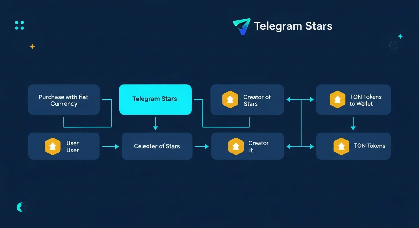Diagramm des Stars-Flusses: Kauf mit Fiat, Ausgabe in der App, Kreator verdient, Umwandlung in TON, Abhebung On-Chain
