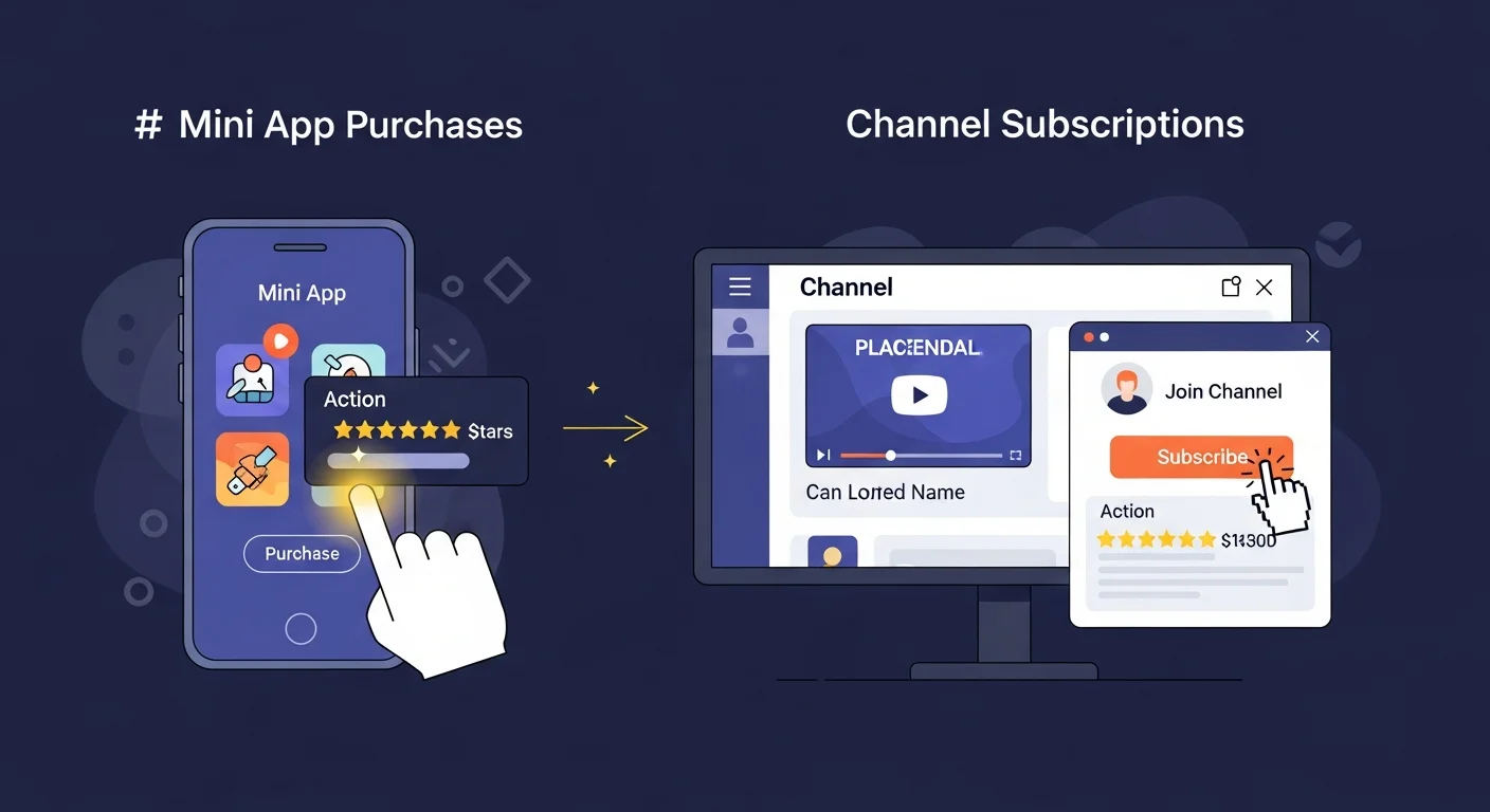 Vier-Panel-Illustration der Stars-Anwendungsfälle: Mini-App-Käufe, Abonnements, Geschenke, Boosts