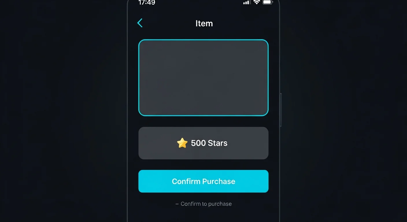 Mockup des Kaufbildschirms der Telegram Mini-App mit Artikel, Preis in Stars und Bestätigungsbutton