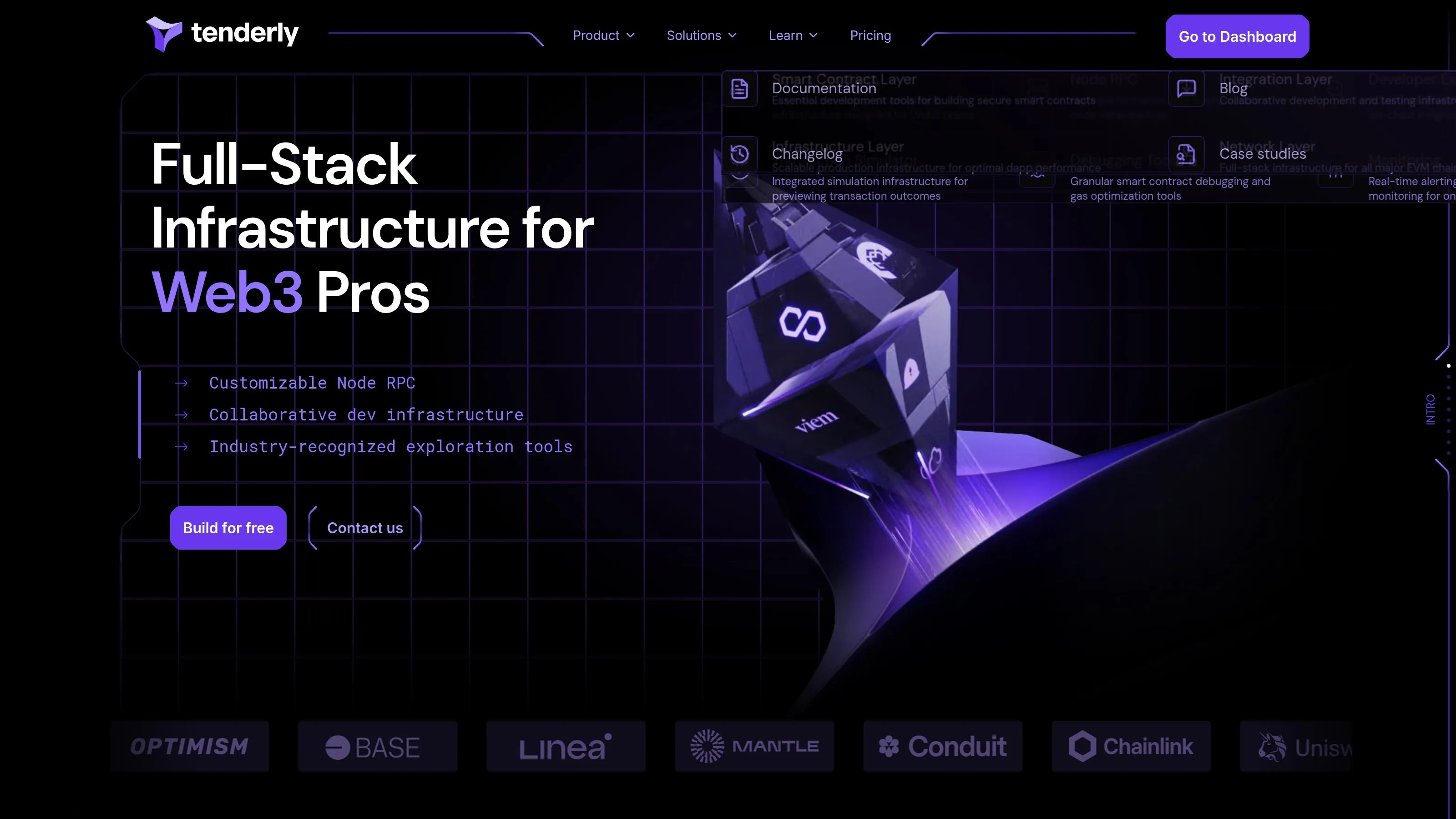 Tenderly homepage showing smart contract monitoring, simulation and developer tooling.