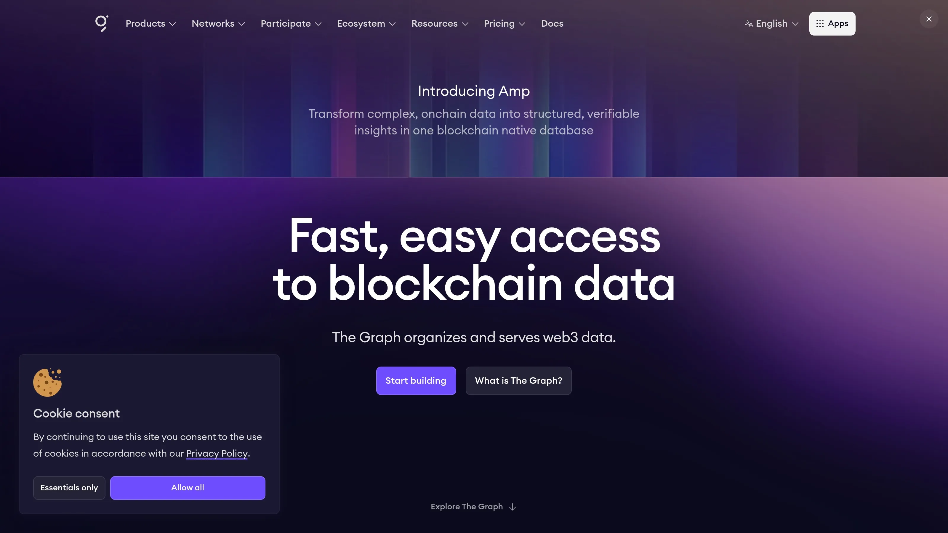 The Graph homepage showing blockchain indexing, subgraphs and query infrastructure.