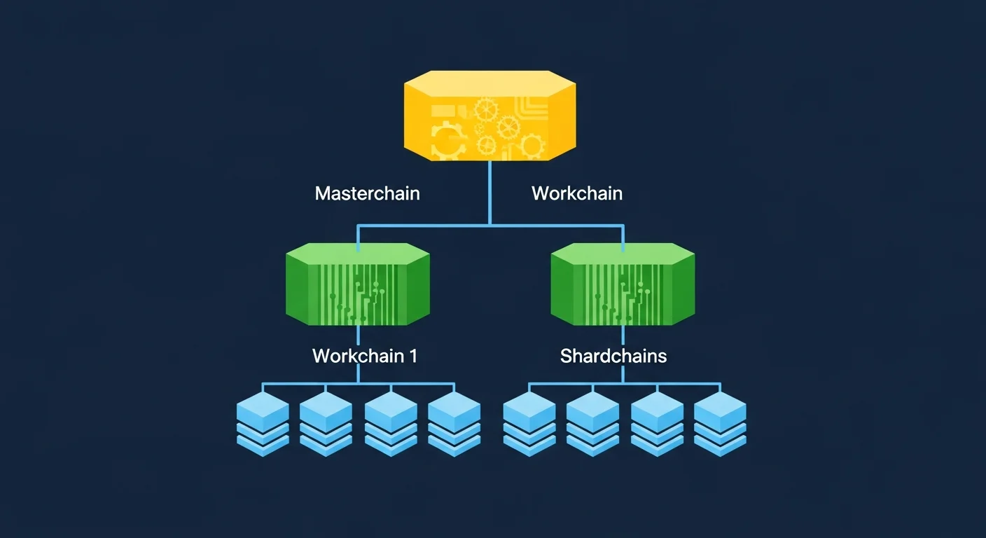Diagramm der TON-Hierarchie mit Masterchain oben, Workchains darunter und Shardchains unter jeder Workchain