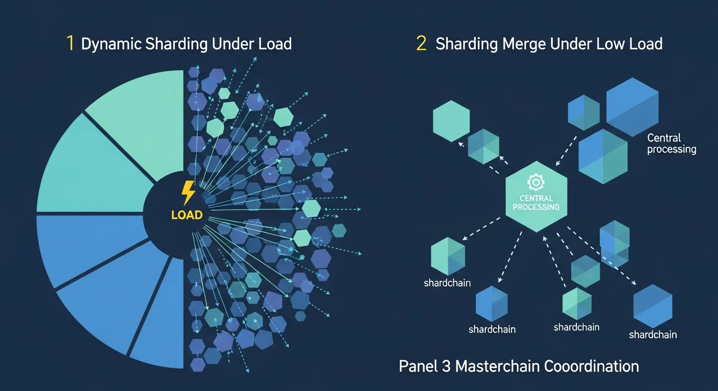 Vier-Panel-Illustration des dynamischen Shardings: Aufteilen unter Last, Zusammenführen unter geringer Last, Masterchain-Koordination, Validatorrotation