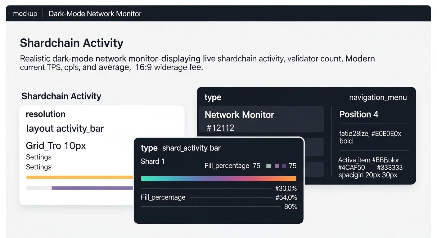 Netzwerkmonitor-Mockup, das aktive Shardchain-Aktivitätsbalken, Validatoranzahl, aktuelle TPS und durchschnittliche Gebühr anzeigt