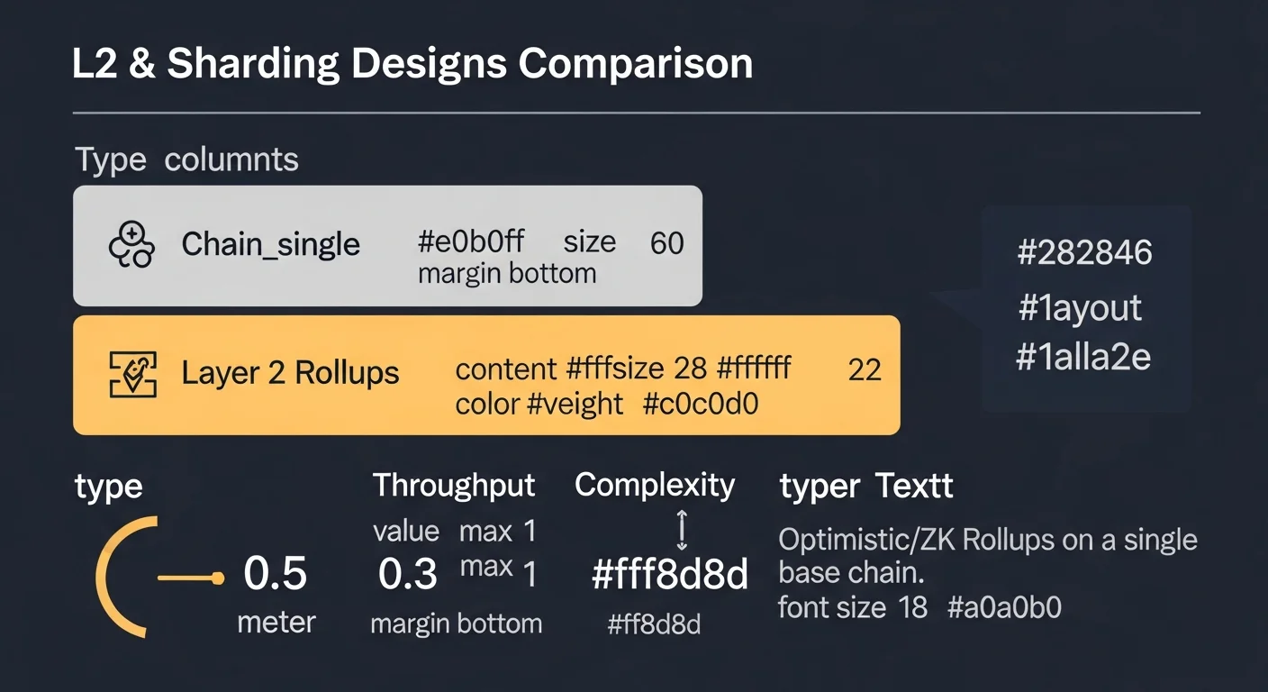 Infografik, die Einzel-Chain-, modularen L2- und TON-stilisierten Sharding-Designs mit Durchsatz- und Komplexitätsmessern vergleicht