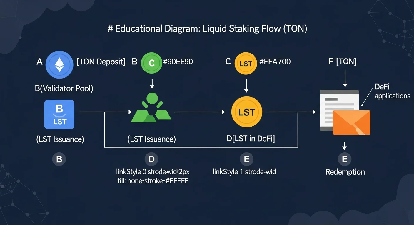 TONにおける流動ステーキングフローの図：TON預金、バリデータープール、LST発行、DeFi利用、償還