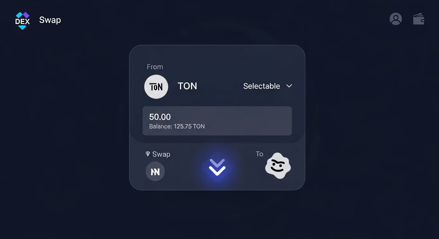 TON DEX Swap UI-Mockup mit Token TON, zu einem generischen Memecoin, Slippage, Preis-Einfluss und einem Swap-Button