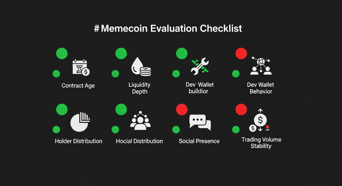 Memecoin-Bewertung Checkliste Infografik mit grünen und roten Indikatorpunkten für jedes Kriterium