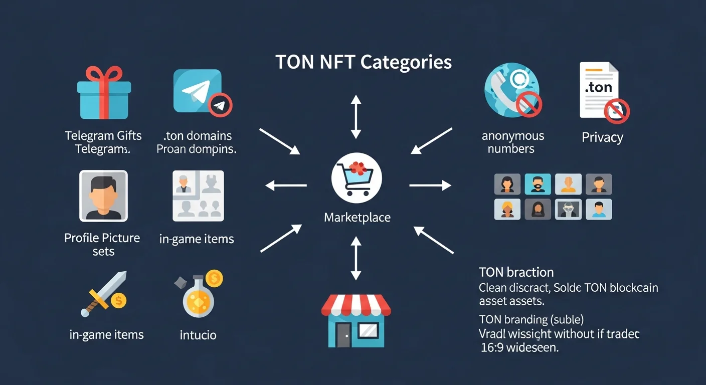 Diagramme des catégories NFT TON : cadeaux Telegram, domaines .ton, numéros anonymes, ensembles de photos de profil, objets de jeu, avec des flèches vers une place de marché