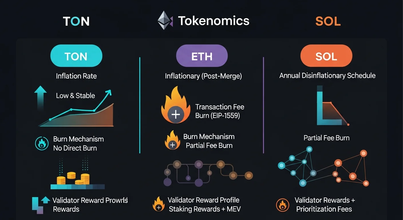Infographie comparant les tokenomics de TON, ETH et SOL sur le taux d'inflation, le mécanisme de brûlure et le profil de récompense