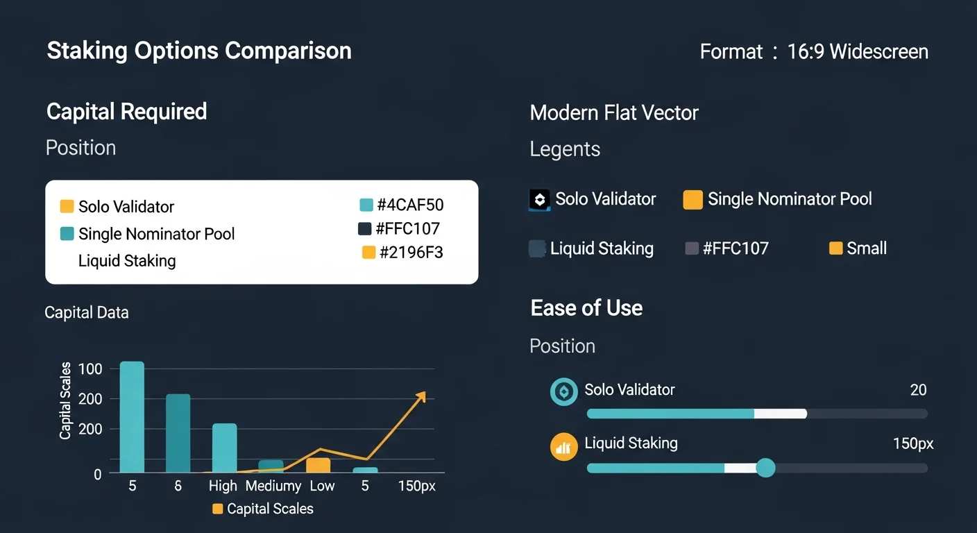 Infographie comparant le validateur solo, le pool de nominators et le staking liquide sur le capital, la facilité d'utilisation et le profil de récompense
