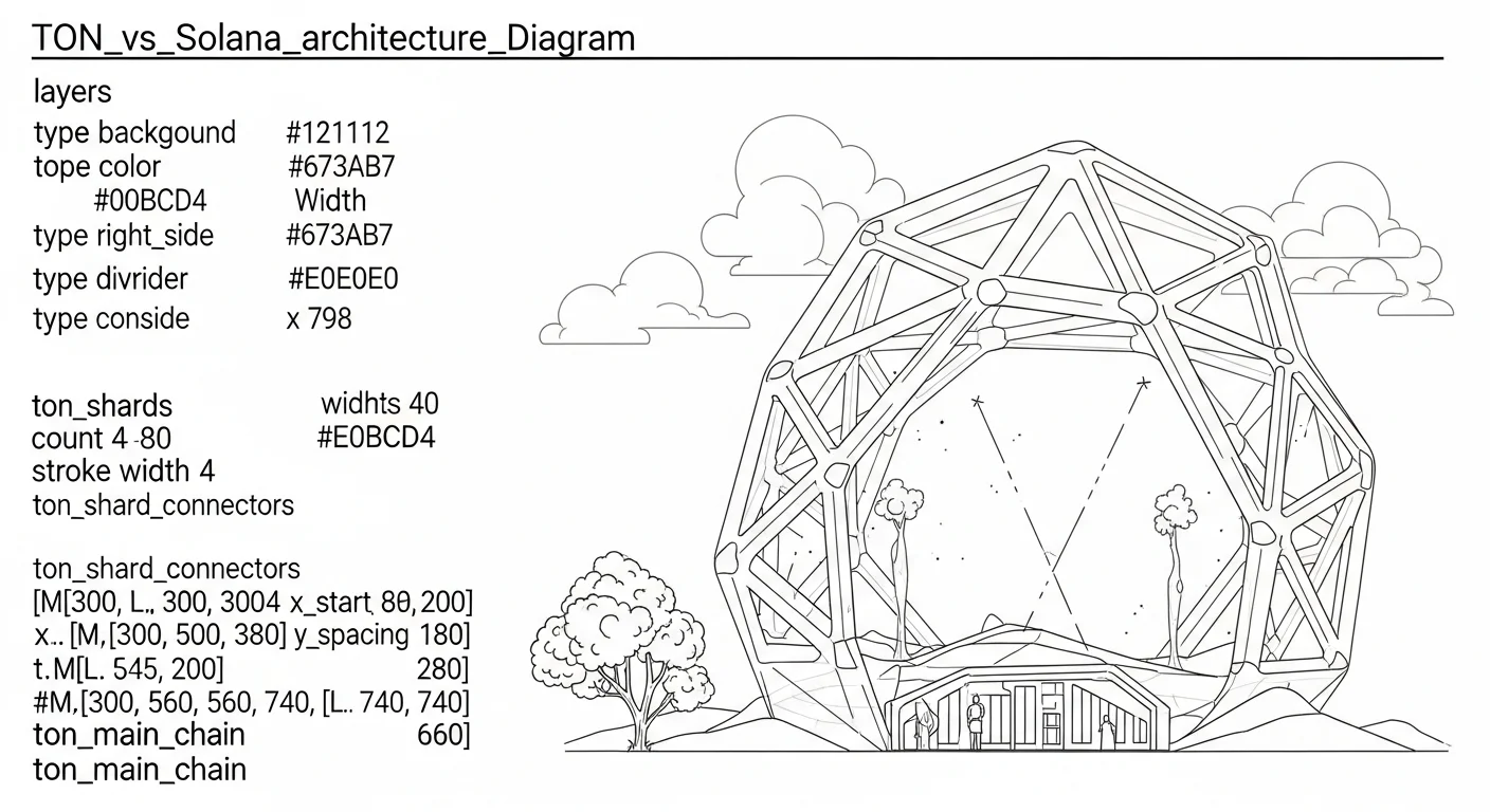 Diagrama que compara la arquitectura multi-cadena fragmentada de TON con el diseño de cadena única monolítica de Solana