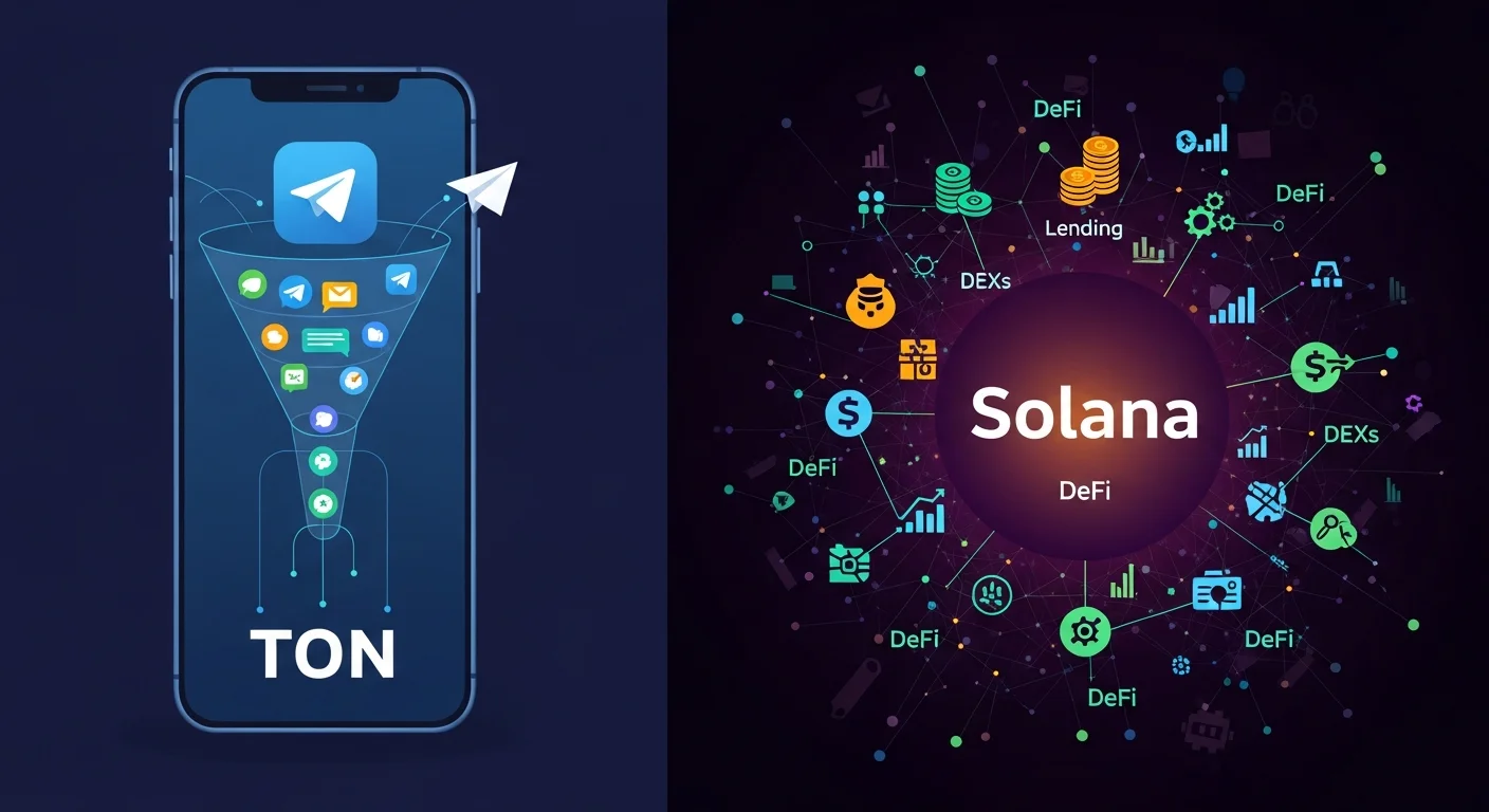 Ilustración de cuatro paneles de compensaciones: embudo de Telegram de TON, profundidad de DeFi de Solana, escalado fragmentado de TON, velocidad monolítica de Solana