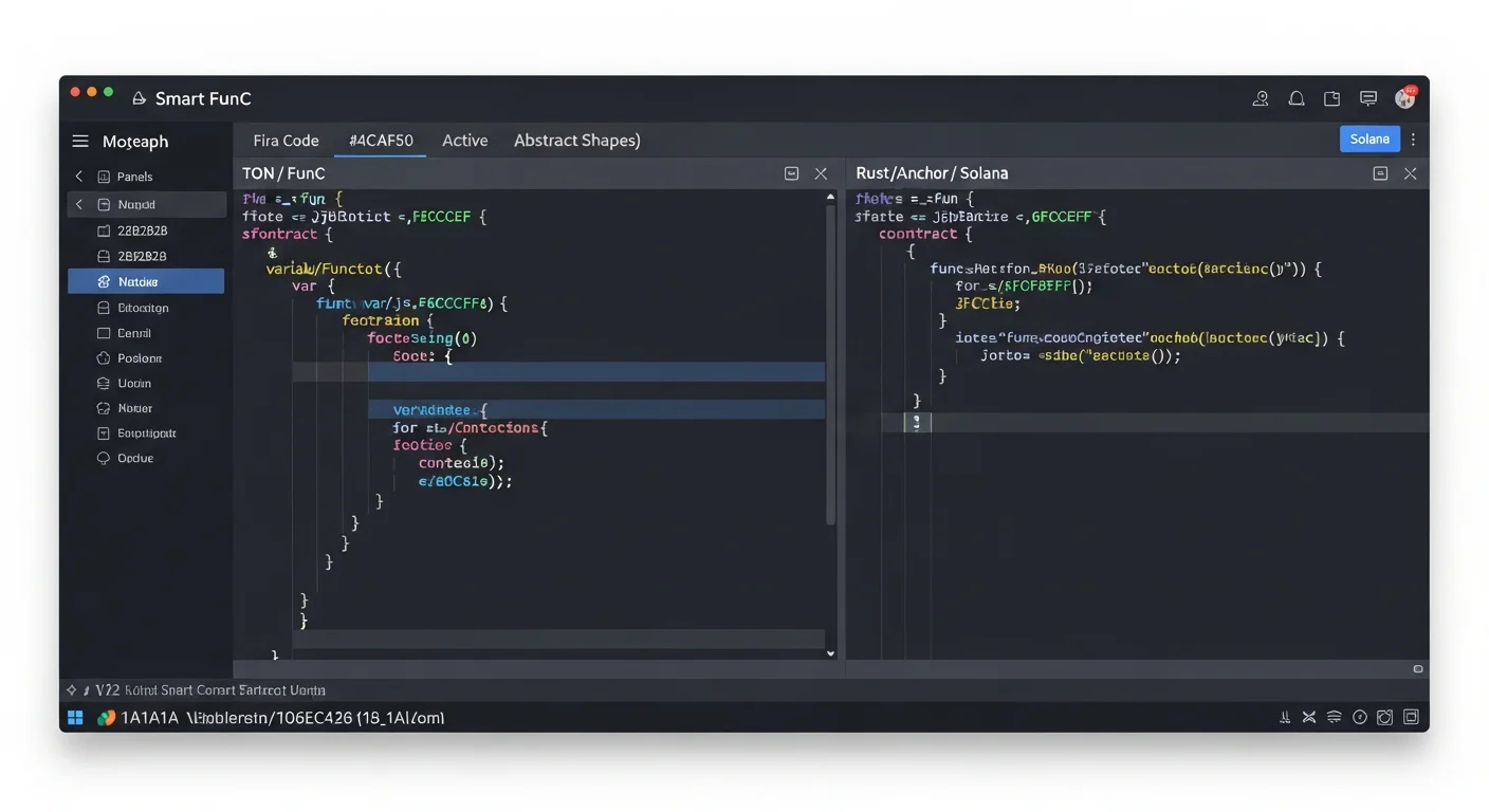 Mockup de código FunC a la izquierda para TON y código Rust/Anchor a la derecha para Solana, lado a lado