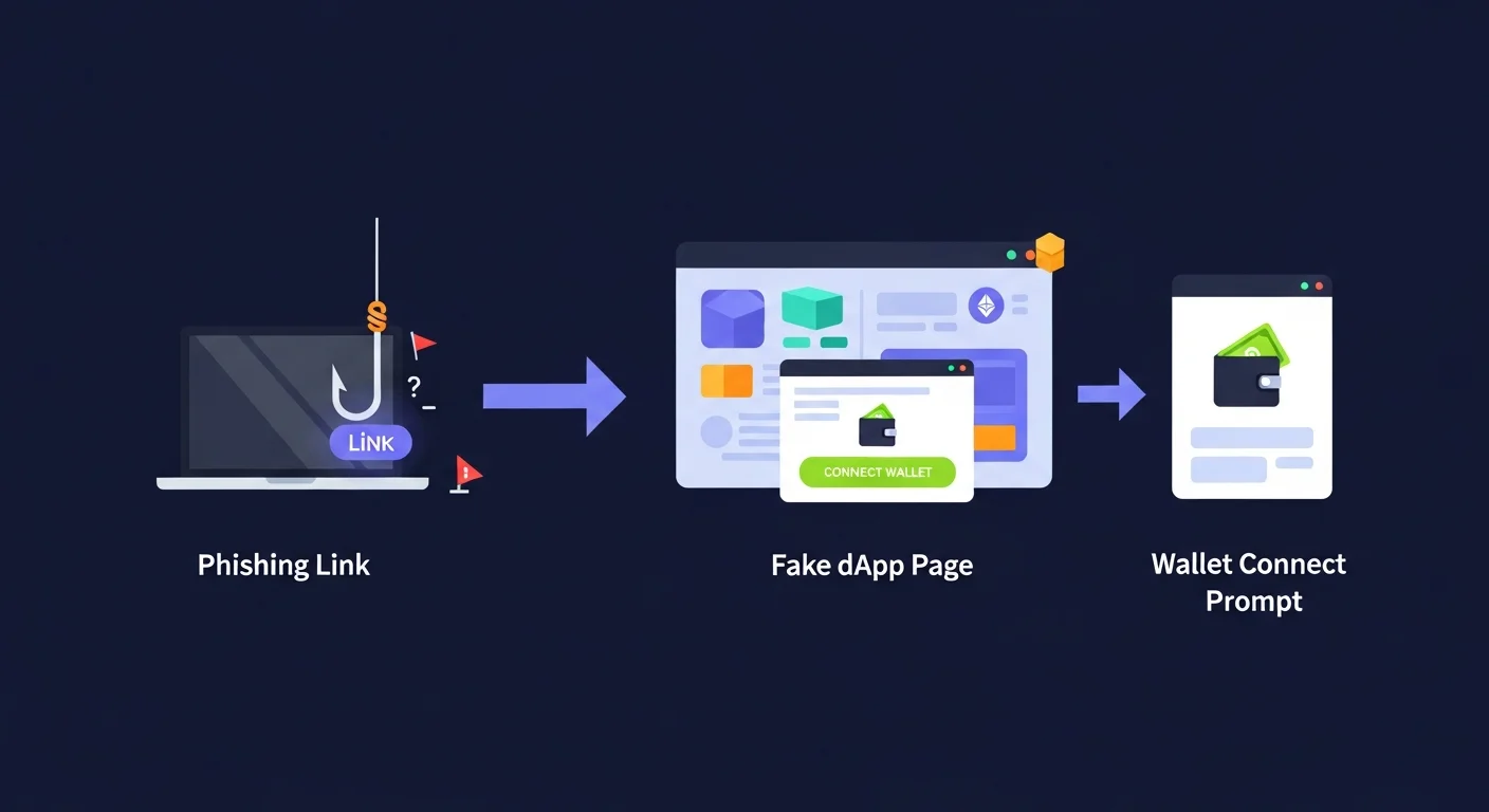 Diagram of wallet drainer flow: phishing link, fake dApp, wallet connect, malicious approval, funds outflow