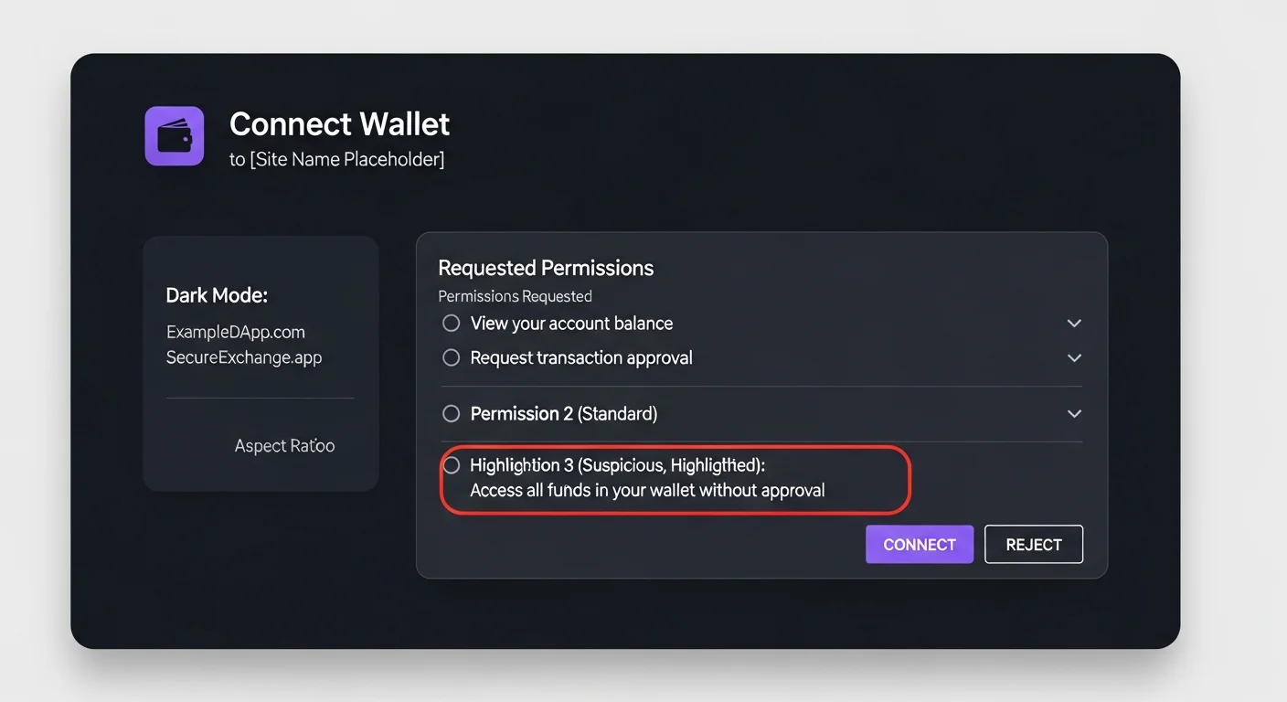 Wallet connect prompt mockup with site name, permissions list with a suspicious wide permission highlighted, and reject button