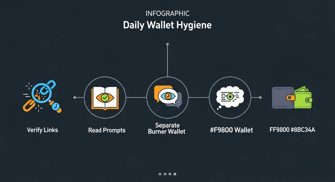 Infographic showing daily wallet hygiene rules: verify links, read prompts, burner wallet, hardware for size, monthly audits