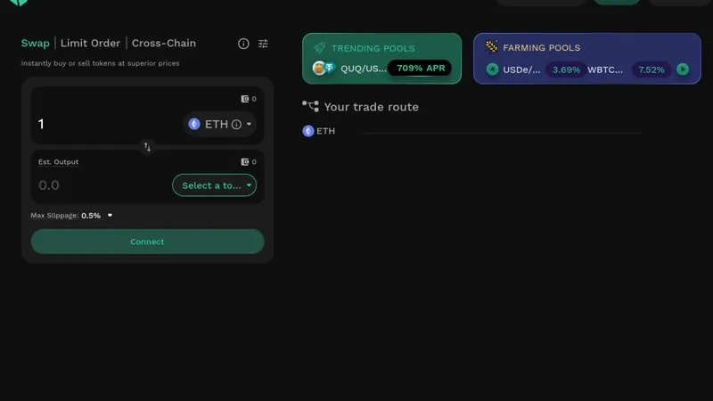 KyberSwap 웹사이트 스크린샷, 스왑 인터페이스 및 DeFi 라우팅 도구