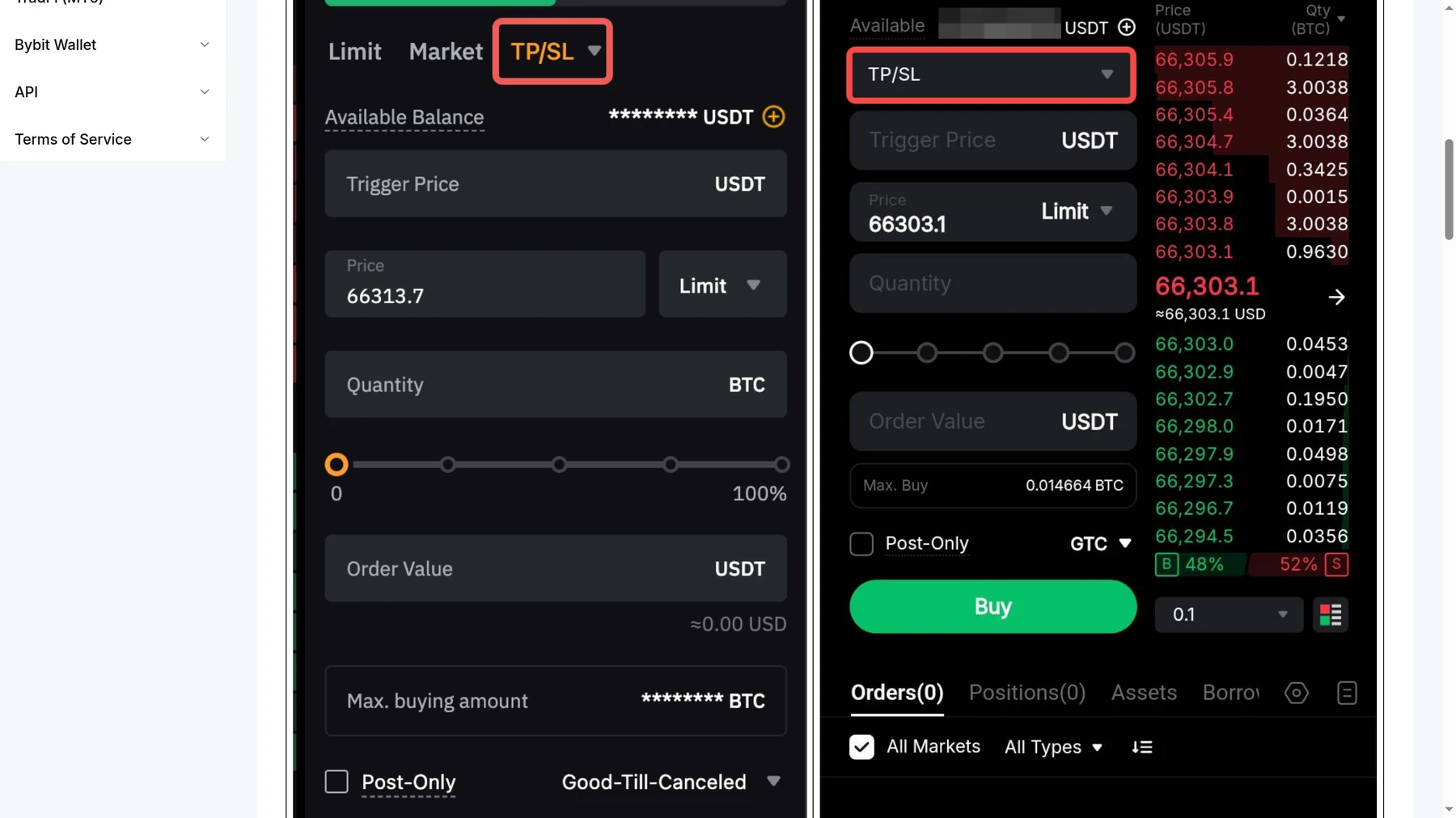 Bybitの現物取引ドキュメントがテイクプロフィットとストップロスの例とトリガーロジックを示しています
