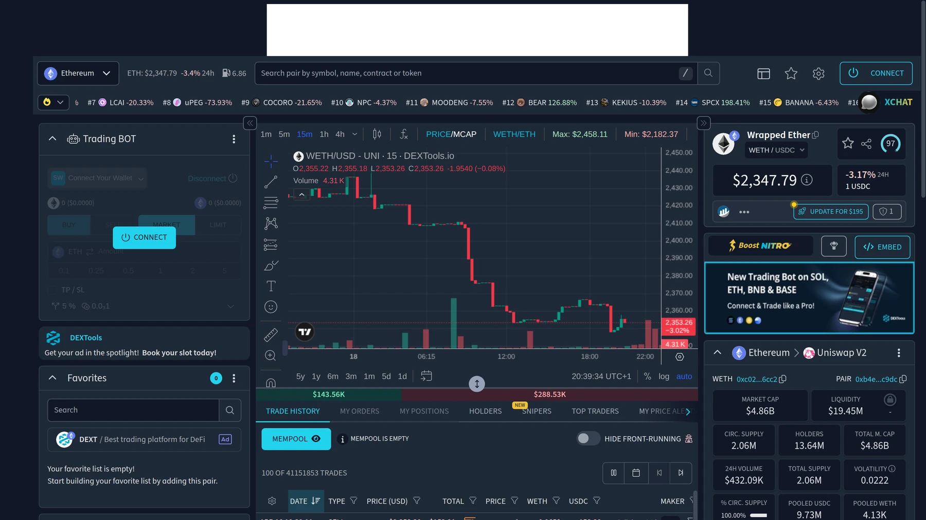DEXTools Paar-Explorer-Übersicht mit Preischart und Volumenmetriken für ein liquides Ethereum-Paar