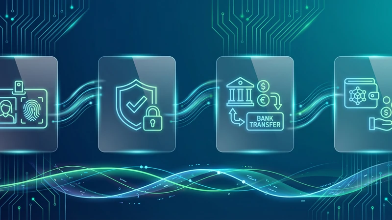 Illustration der sicheren Verifizierung, Genehmigung der Banküberweisung und Aufladung des Wallets in einem Transak-Krypto-Onboarding-Ablauf