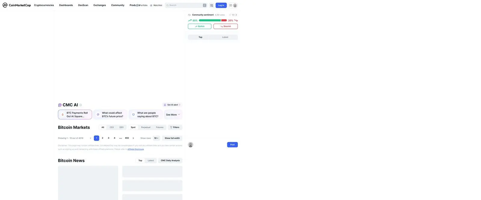 CoinMarketCap Bitcoin detail page showing real-time price chart, market cap and trading data