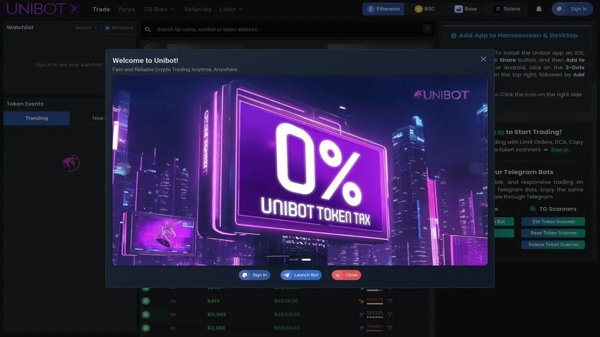 Captura de pantalla del sitio web oficial de Unibot para comparación de bots de trading de Telegram de Ethereum