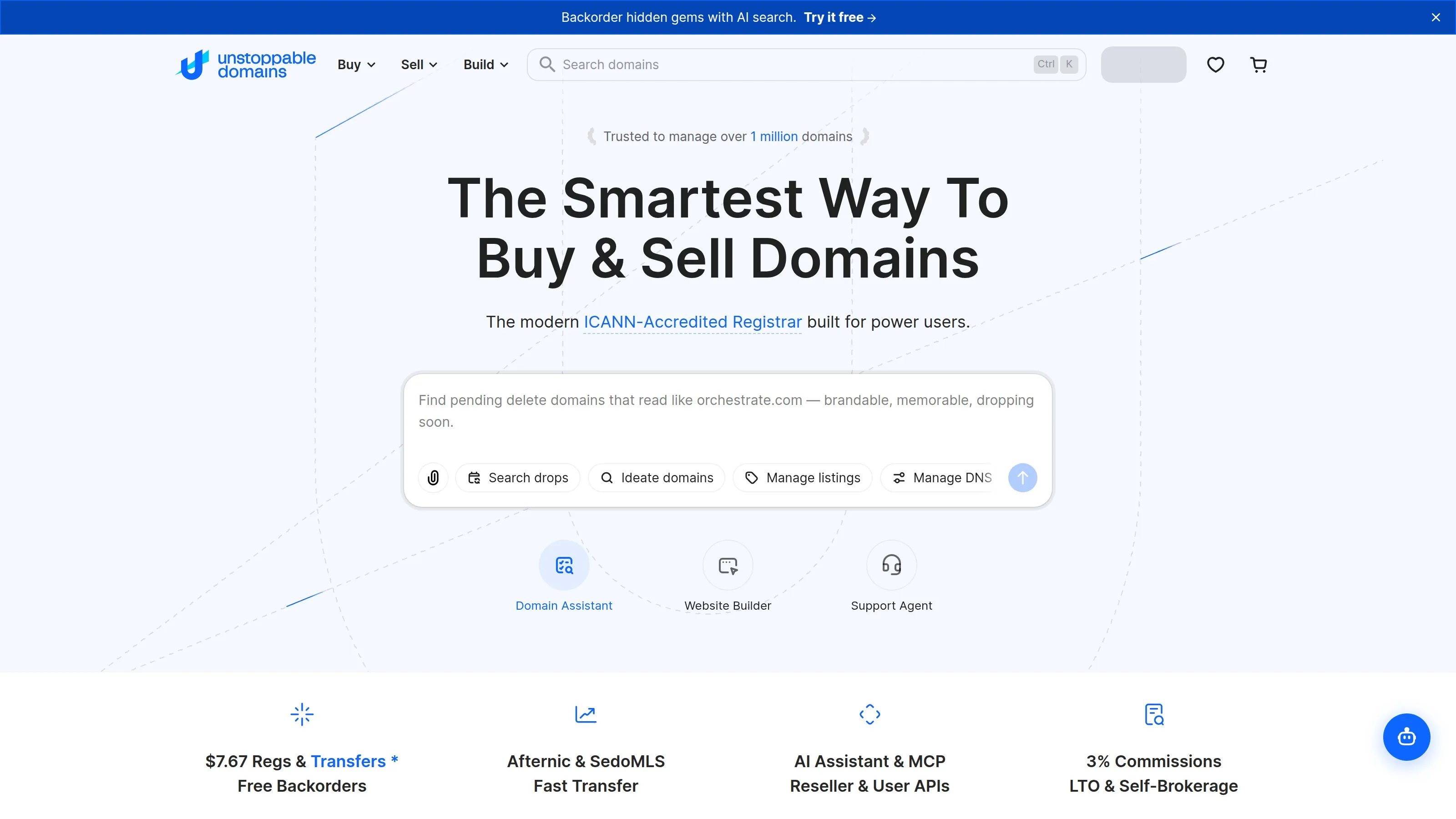 Unstoppable Domains homepage showing Web3 domain names, identity and digital ownership tools.