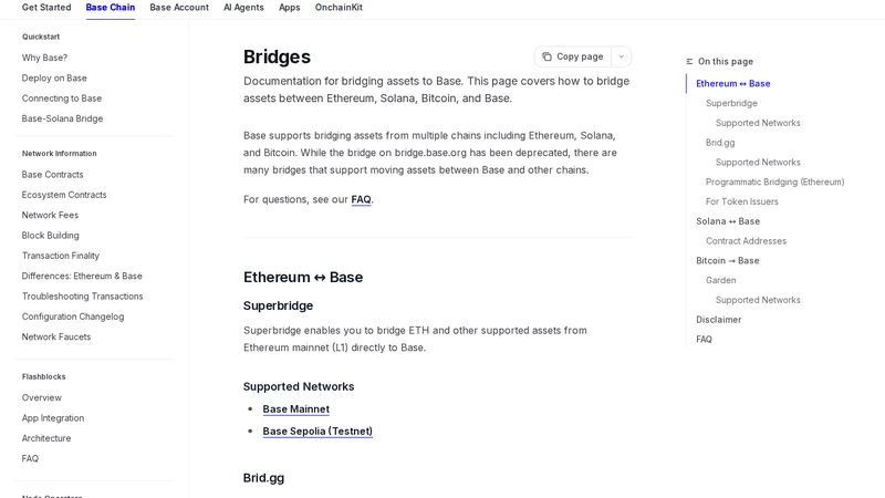 Base-Dokumentationsseite, die aktuelle Brückenoptionen auflistet, nachdem bridge.base.org eingestellt wurde