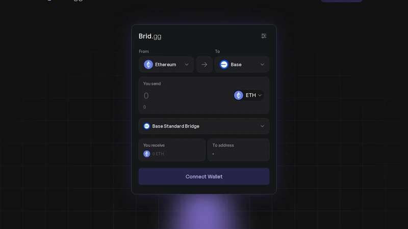 Live-Brückenoberfläche, die die Route von Ethereum zu Base zeigt, bevor eine Wallet verbunden wird