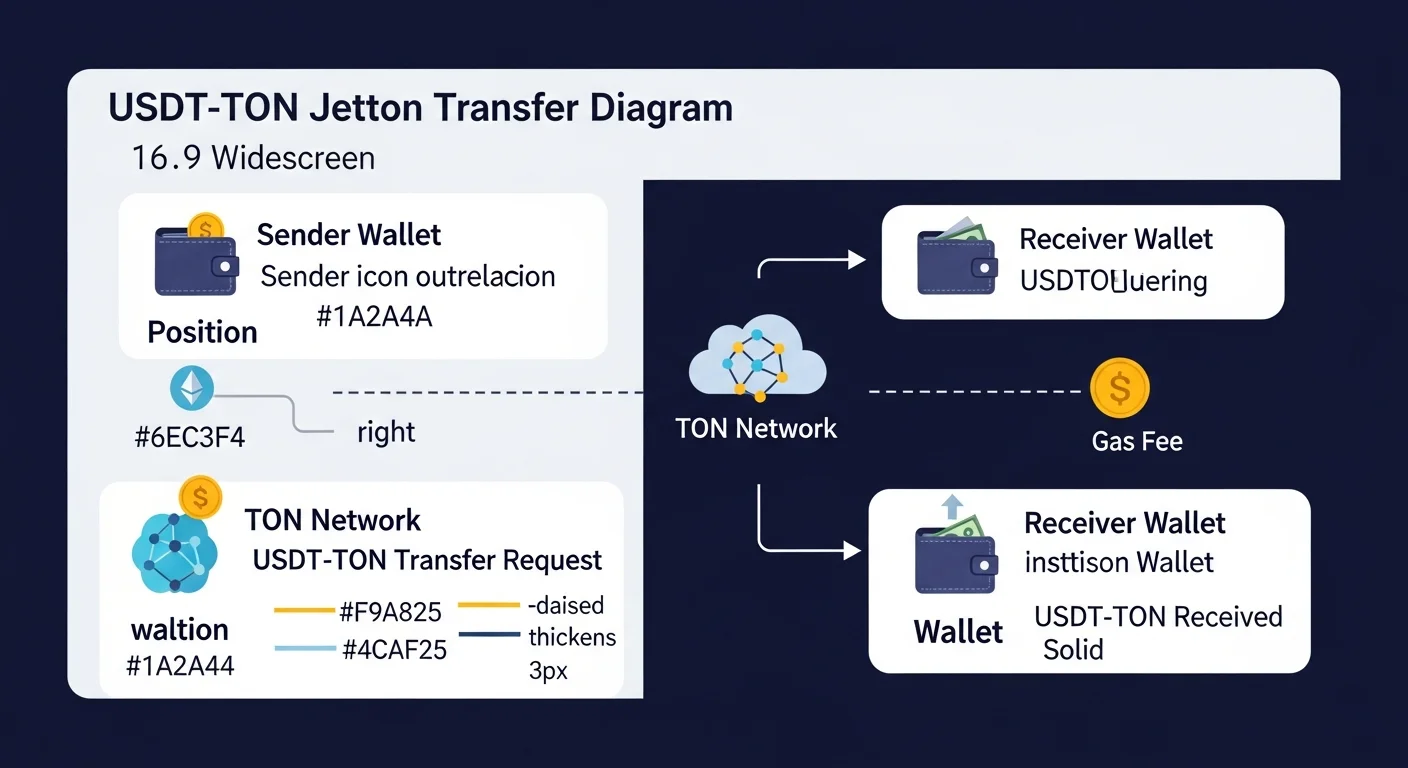 Diagramm des USDT-TON Jetton-Transfers zwischen zwei TON-Wallets mit einem kleinen TON-Gasindikator