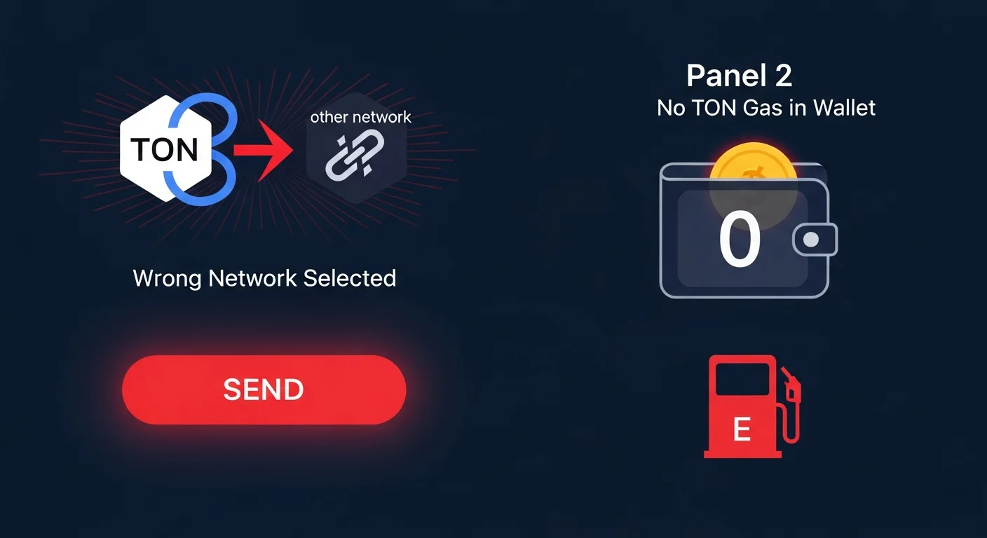 Vier-Panel-Illustration von USDT-TON-Fehlern: falsches Netzwerk, kein TON-Gas, Adressmismatch, falscher Jetton