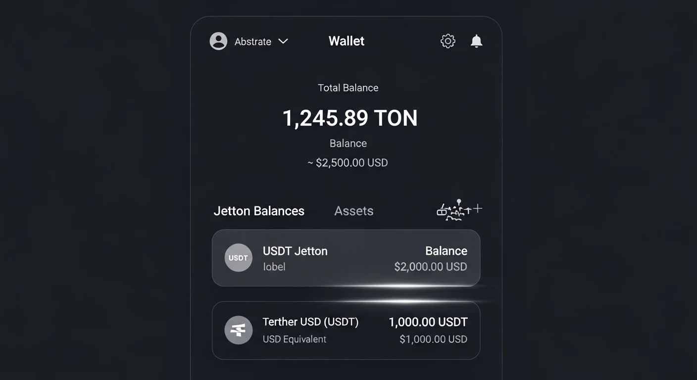 TON Wallet UI-Mockup zeigt USDT Jetton-Saldo, Senden-Button, Empfängerfeld und Gebührenabschätzung