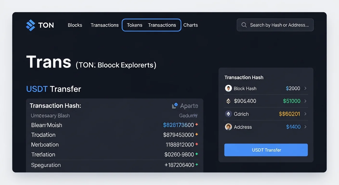 Block-Explorer-Mockup eines USDT Jetton-Transfers auf TON mit Hash, Adressen, Betrag und TON-Gebühr