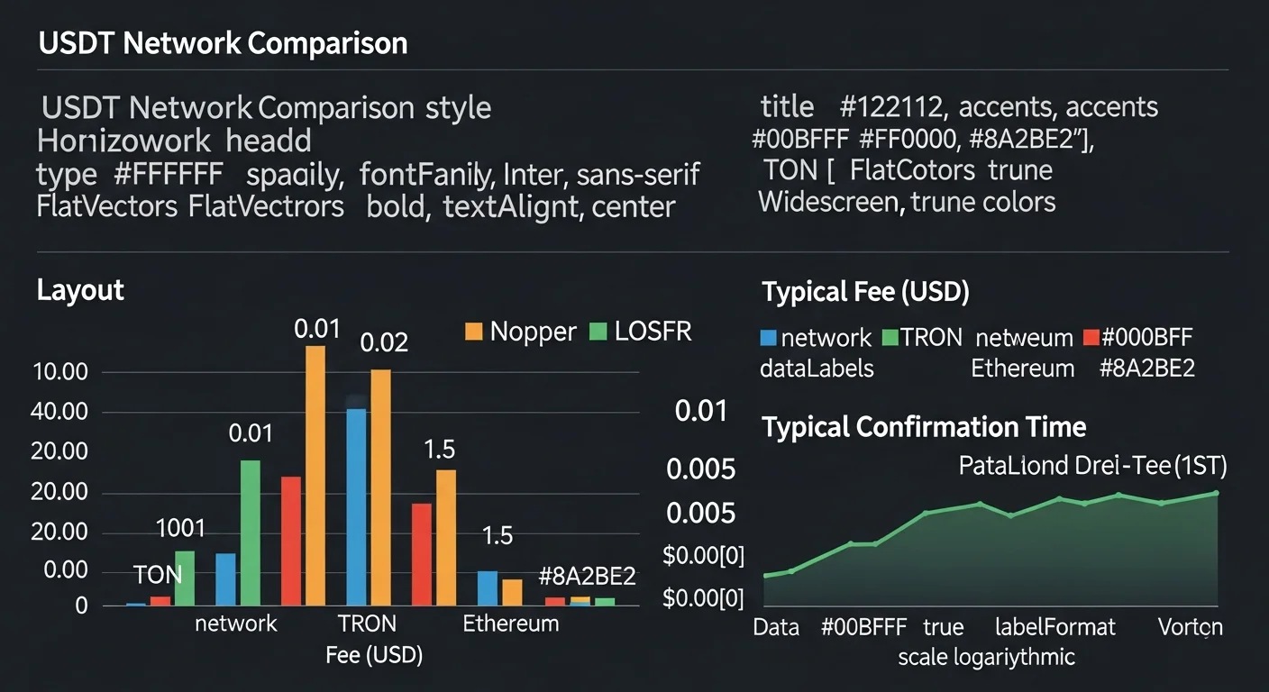 Infografik, die USDT auf TON, TRON und Ethereum mit Gebühren- und Bestätigungszeitbalken vergleicht