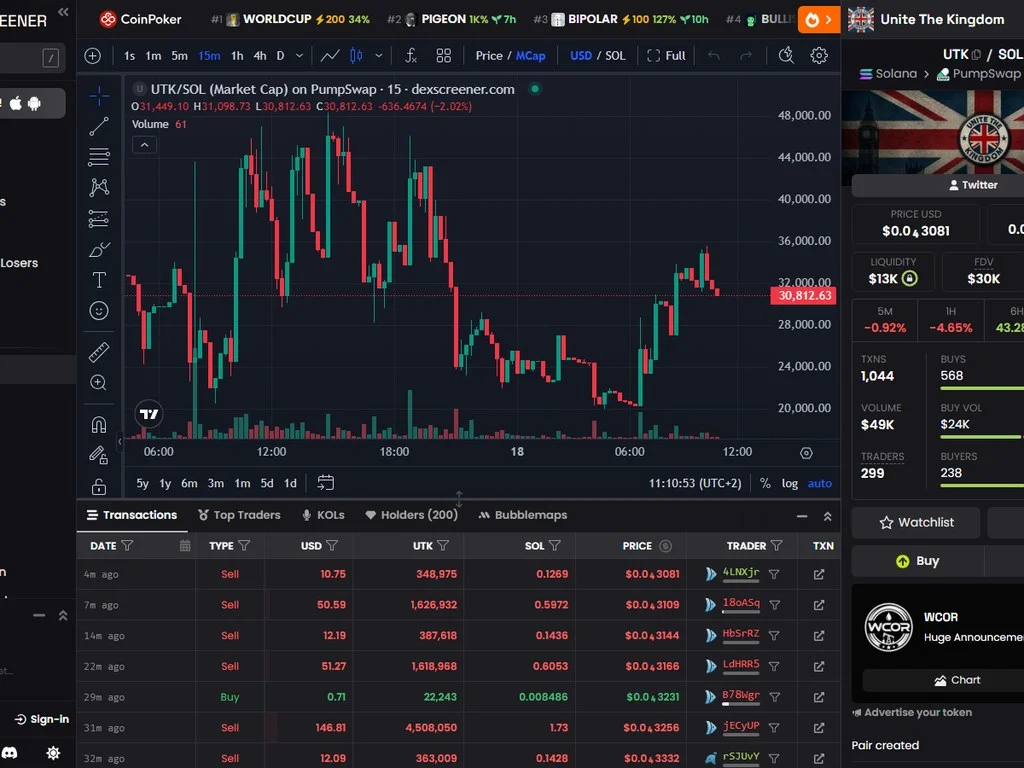 DexScreener chart of UTK Unite The Kingdom Solana token showing PumpSwap trading pair with price and volume metrics