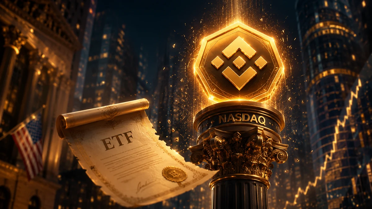 VanEck lanza el primer ETF spot de BNB de EE. UU. en Nasdaq con un diamante amarillo de BNB sobre la torre de Nasdaq