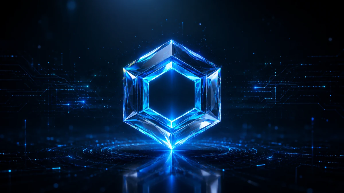 Glowing blue crystalline hexagonal emblem with circuitry light, representing VIRTUAL as the blue-chip token on Robinhood Chain