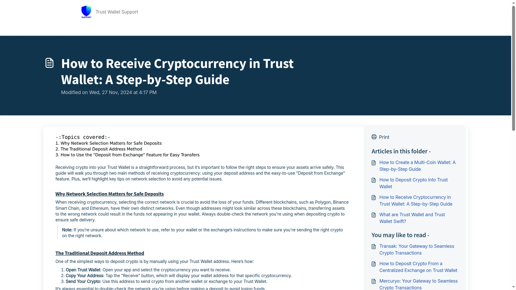 Trust Wallet support article showing the receive flow for a crypto wallet address
