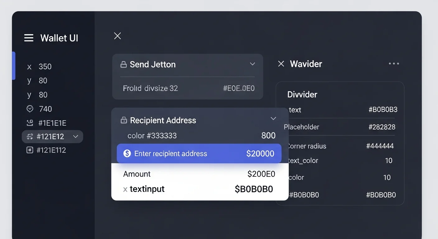 ジェットン残高、送信ボタン、受取人アドレス、金額、TONの手数料を示すウォレットUIのモックアップ