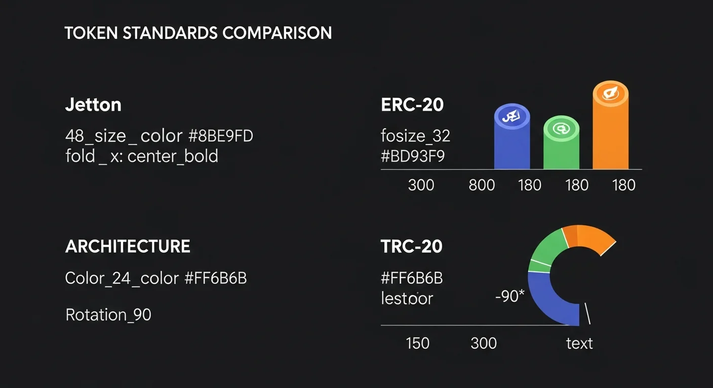 アーキテクチャ、手数料、アドレス形式にわたるジェットン、ERC-20、TRC-20標準の比較インフォグラフィック