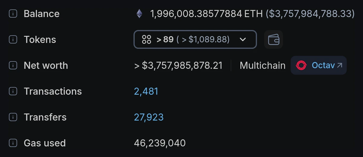 Block explorer showing an address holding almost two million ETH worth billions of dollars